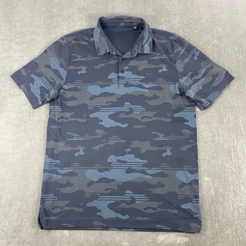 TravisMathew Mens Large Blue Camo Polo Shirt Wild Dunes Golf Performance